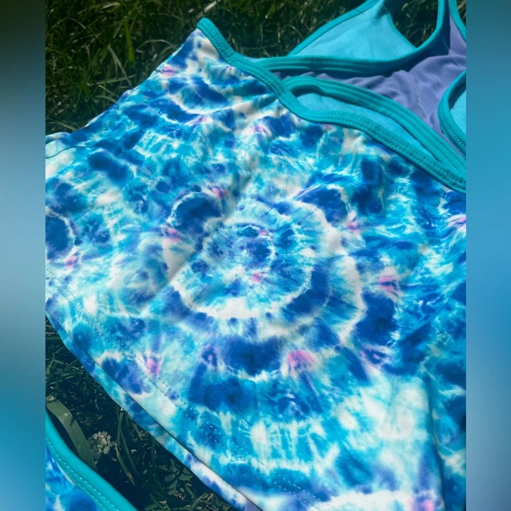 Tie-Dye Tankini Swimsuit Turquoise Blue Purple & Pink Swirls Racerback Girls 7/8